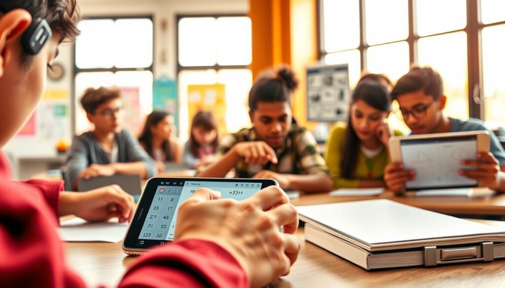 A modern classroom setting with a diverse group of students engaged in studying mathematics, featuring a smartphone displaying a math-solving app on a desk. In the foreground, a close-up of a student's hands fiddling with the smartphone while reviewing math problems. In the middle ground, peers are collaborating, with one student pointing at a mathematical equation on a tablet screen. The walls are decorated with colorful math posters and charts. The background features large windows letting in warm, natural light, enhancing a productive and focused atmosphere. The overall mood is energetic yet studious, highlighting the integration of technology in learning. Soft focus on the background to emphasize the students and the app interface.