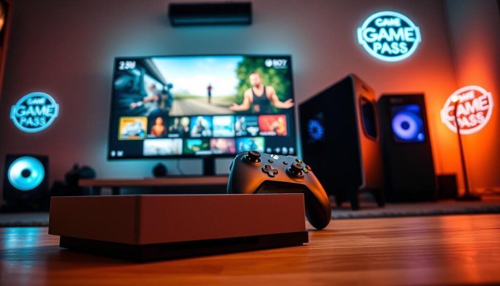 A modern gaming setup featuring an Xbox Series console prominently in the foreground, showcasing its sleek design with a small OLED screen displaying game stats. Surrounding the console, an Xbox One controller and a gaming PC, exemplifying compatibility within the Xbox ecosystem. The middle ground includes vibrant game visuals on a large monitor, with a few popular titles highlighted. In the background, soft ambient lighting creates a cozy gaming atmosphere, while subtle hints of Game Pass logos are illuminated on the walls. The scene captures the excitement of gaming with a warm, inviting color palette, shot at a slight angle to emphasize the setup's depth. Overall, the mood is dynamic and engaging, inviting viewers into the next generation of gaming experiences.