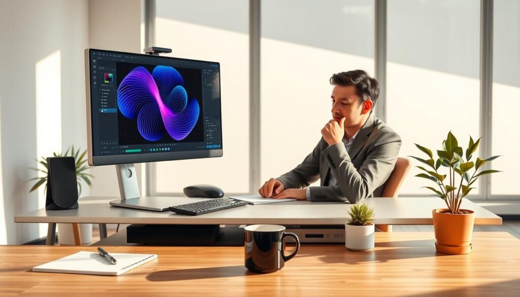 A modern, minimalist workspace featuring a sleek desk with a high-end computer running Photoshop 2024, displaying vivid generative fill results on the screen. In the foreground, a well-organized desk is adorned with a notepad, a coffee mug, and a stylish potted plant, suggesting productivity and creativity. The middle ground features a focused individual in professional attire, deeply engaged in their project, with thoughtful expressions conveying professionalism and dedication. Soft natural lighting pours in from a large window in the background, illuminating the scene and casting gentle shadows, creating an inviting and inspiring atmosphere. The overall mood is one of concentration and efficiency, ideal for showcasing productivity tips in a creative setting.