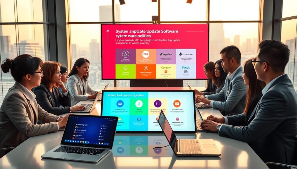 A modern office setting with a sleek, contemporary design, featuring a large table with laptops and digital devices displaying software update interfaces. In the foreground, a diverse group of professionals dressed in smart business attire are engaged in a discussion, highlighting key points about system update policies. The middle ground showcases a large screen displaying a colorful infographic about long-term support and update frequency, with icons representing tech companies like Samsung and Pixel. The background reveals large windows with a view of a cityscape, bathed in warm, natural light, creating an inviting atmosphere. The mood is collaborative and forward-thinking, emphasizing the importance of user-friendly policies for Indonesian consumers.