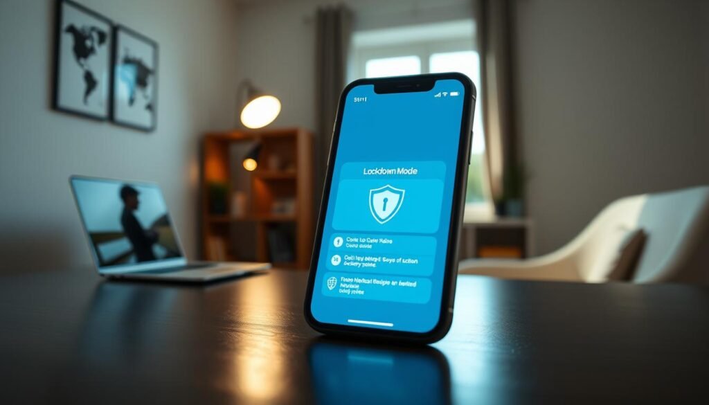 A modern, sleek iPhone displayed prominently in the foreground, the screen illuminated with a digital representation of "Lockdown Mode," showing various security features such as a shield icon and notifications. In the middle ground, a soft-focus backdrop of a tranquil home office environment, featuring a minimalist desk, a laptop, and soft lighting that suggests a calm atmosphere. Natural light streams in through a window, reflecting a sense of security and privacy. The overall mood is serious yet reassuring, highlighting the importance of digital security for users. The lens is set to a close-up angle, drawing attention to the iPhone while ensuring a professional, polished look throughout the image, suitable for an informative article.
