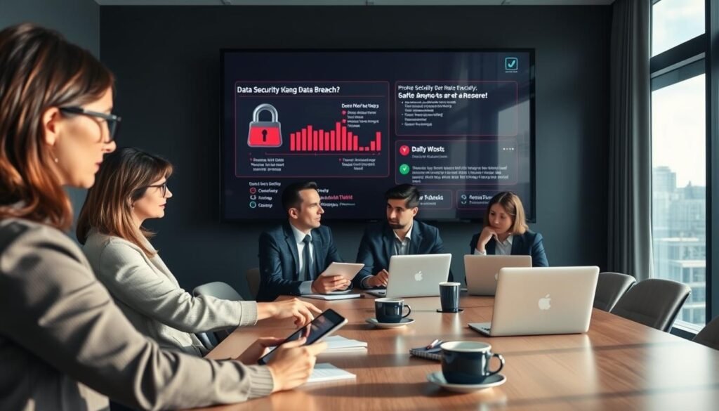 A professional meeting room setting, with a diverse group of business professionals in formal attire, focused on a large screen displaying data security graphics and alerts related to a data breach. In the foreground, a woman with glasses points at a chart showcasing the impact of data leaks, while a man takes notes on a digital tablet. In the middle ground, two more attendees discuss, looking concerned, with laptops open and coffee cups on the table. In the background, a large window reveals a city skyline, bathed in soft, natural lighting letting in an optimistic atmosphere. The scene conveys urgency and professionalism, with a color palette of blues and greys, emphasizing the seriousness of data security in e-commerce.