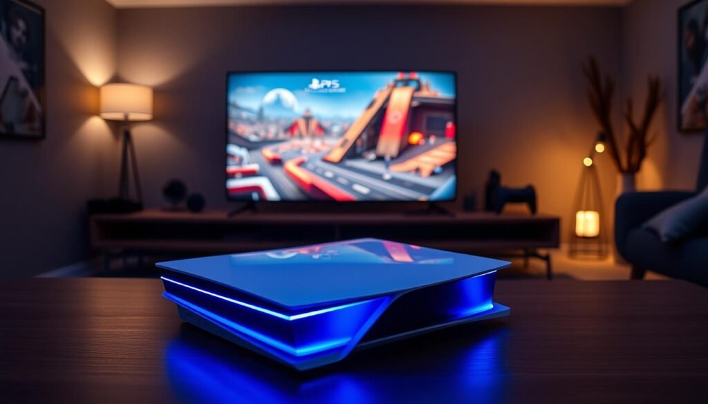 A sleek PS5 Pro console prominently displayed in a modern gaming setup, foreground features an elegant, illuminated console with shimmering blue LED lights highlighting its distinctive contours. In the middle, a high-resolution screen showcases a stunning ray-traced game scene with vibrant colors and intricate details, exemplifying advanced graphics. The background displays a cozy gaming room with dim ambient lighting, casting soft shadows that enhance the mood of high-tech sophistication. The overall atmosphere is immersive and inviting, inviting viewers into the world of next-gen gaming technology. The scene is captured from a slight angle, using a professional lens effect to emphasize the console's futuristic design and the breathtaking visual results of ray tracing.