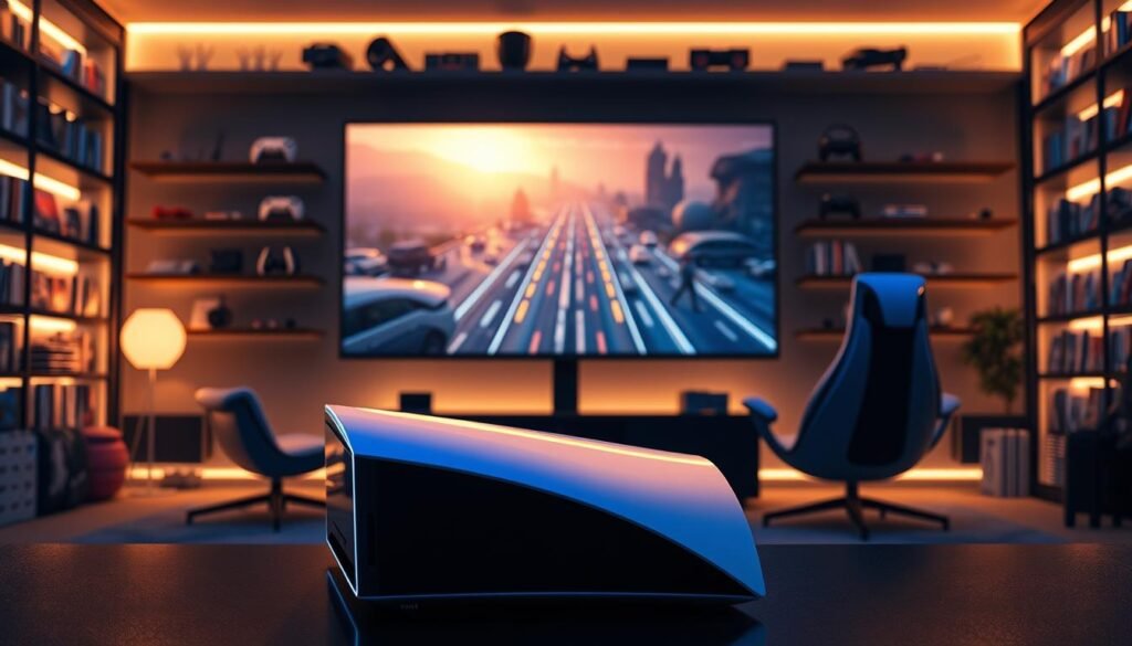 A sleek PS5 Pro console sits prominently in the foreground, showcasing its elegant, futuristic design with smooth curves and a striking white-and-black color palette. The console is illuminated by soft, ambient lighting that highlights its glossy finish, reflecting the advanced technology inside. In the middle ground, a high-resolution gaming monitor displays a vibrant scene from a game featuring realistic ray tracing effects, emphasizing the visual capability of the PS5 Pro. The background features a stylish gaming setup with ergonomic chairs and shelves lined with game titles and accessories, creating an inviting and immersive atmosphere. The overall mood is dynamic and high-tech, suggesting innovation and enhanced performance for gamers and developers alike. The angle captures the console's silhouette dramatically against the glow of the screen.