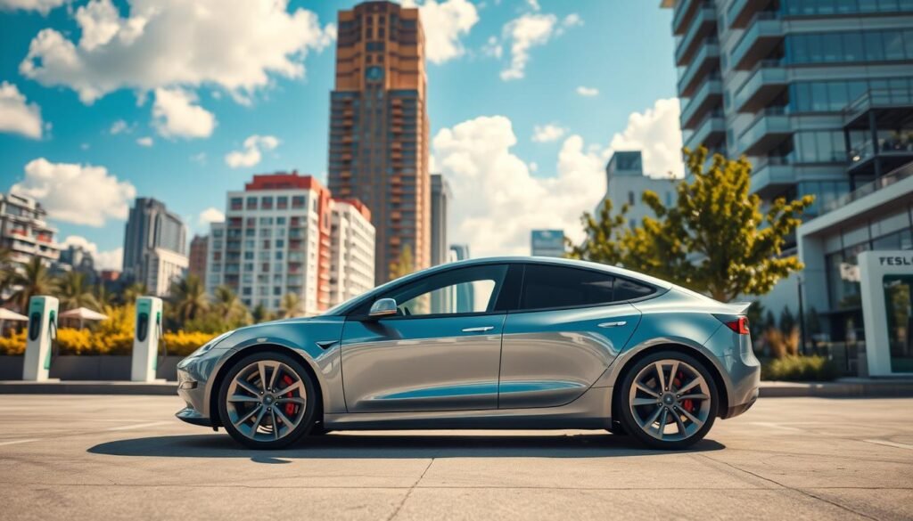 A sleek, compact electric vehicle resembling the Tesla Model 2, set in a modern urban environment. In the foreground, the car showcases its aerodynamic design, with shiny metallic paint reflecting sunlight. The middle ground features a vibrant cityscape with eco-friendly architecture, showcasing charging stations and greenery. In the background, a blue sky with soft white clouds enhances the atmosphere of innovation and sustainability. The scene is illuminated by warm, natural lighting, highlighting the car’s details from a low angle to emphasize its dynamic stance. The overall mood is futuristic and optimistic, representing the forward-thinking nature of electric vehicles. Ensure the image remains free of any text or overlays. A sleek, compact electric vehicle resembling the Tesla Model 2, set in a modern urban environment. In the foreground, the car showcases its aerodynamic design, with shiny metallic paint reflecting sunlight. The middle ground features a vibrant cityscape with eco-friendly architecture, showcasing charging stations and greenery. In the background, a blue sky with soft white clouds enhances the atmosphere of innovation and sustainability. The scene is illuminated by warm, natural lighting, highlighting the car’s details from a low angle to emphasize its dynamic stance. The overall mood is futuristic and optimistic, representing the forward-thinking nature of electric vehicles. Ensure the image remains free of any text or overlays.