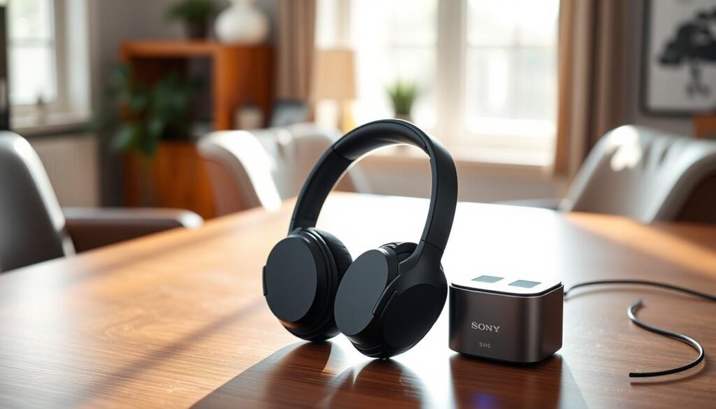 A sleek pair of Sony WH-1000XM5 headphones prominently displayed on a polished wooden desk, highlighting their elegant design and matte finish. The headphones are placed next to a modern fast charger, with a soft glow emanating from the charger, indicating its functionality. In the background, a blurred view of a cozy, well-lit home office hints at a professional atmosphere. Bright, natural light streams in through a window, casting gentle shadows that accentuate the contours of the headphones. The image captures a mood of sophistication and innovation, focusing on the advanced technology of fast charging, with an emphasis on the impressive 30-hour battery life of the headphones. No text or branding is included in the image.