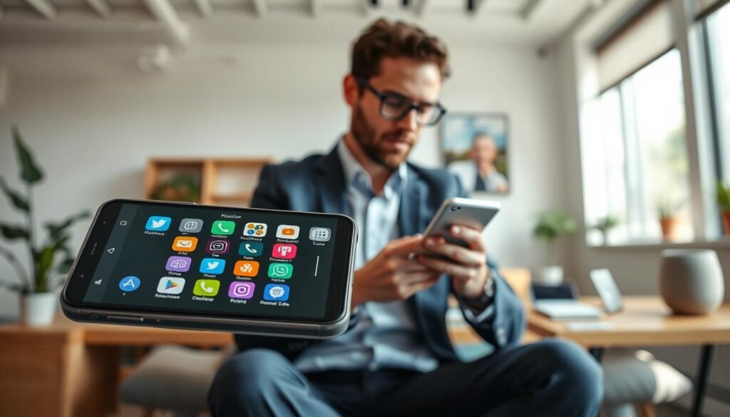 A sleek smartphone is in the foreground, displaying a vibrant user interface with colorful app icons representing various digital services. In the middle ground, a professional-looking individual, dressed in smart casual attire, is engaging with the device, demonstrating seamless integration of services like messaging, finance, and cloud storage. The background showcases a modern, bright workspace featuring subtle hints of technology, such as smart speakers and tablets, creating a cohesive ecosystem. Soft, natural lighting fills the scene, highlighting the smartphone and giving a fresh, inviting atmosphere. The angle captures the user's perspective, emphasizing interaction and accessibility, while maintaining a professional and polished look throughout the image.