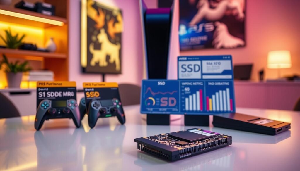 A visually informative scene illustrating how to choose an SSD for a PS5, featuring a vibrant display of different SSD models arranged on a sleek, modern table. The foreground includes a close-up view of a high-performance SSD, showcasing its components and intricate details. In the middle ground, display tools and guides for assessing SSD specifications like performance metrics and durability ratings, such as graphs and comparison charts. The background should depict a stylish gaming setup with a PS5 console, illuminated by soft, ambient lighting that conveys a tech-savvy atmosphere. Use a slight angle to create depth in the composition, emphasizing the SSD choices while maintaining clarity. The overall mood should feel informative and professional, suitable for gamers looking to upgrade their systems. A visually informative scene illustrating how to choose an SSD for a PS5, featuring a vibrant display of different SSD models arranged on a sleek, modern table. The foreground includes a close-up view of a high-performance SSD, showcasing its components and intricate details. In the middle ground, display tools and guides for assessing SSD specifications like performance metrics and durability ratings, such as graphs and comparison charts. The background should depict a stylish gaming setup with a PS5 console, illuminated by soft, ambient lighting that conveys a tech-savvy atmosphere. Use a slight angle to create depth in the composition, emphasizing the SSD choices while maintaining clarity. The overall mood should feel informative and professional, suitable for gamers looking to upgrade their systems.