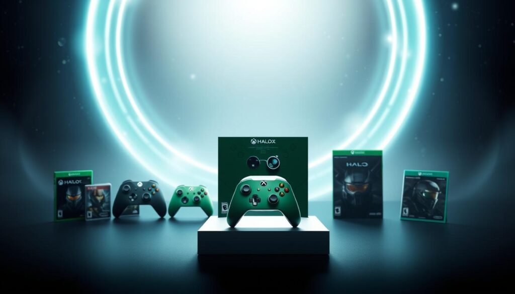 A visually striking image of a limited edition Xbox console inspired by the iconic game "Halo." The foreground features the console elegantly displayed on a minimalist stand, showcasing its unique design elements, including the vibrant green and metallic detailing resembling Master Chief’s armor. Surrounding the console are various Halo-themed accessories like a controller and game cases. In the middle ground, a glowing backdrop illustrates an ethereal Halo ring, creating a sense of depth and adventure. The background transitions to a starry galaxy, hinting at the thrilling universe of the game. Soft, ambient lighting enhances the futuristic atmosphere, with a slight lens flare effect, evoking excitement and nostalgia for gamers.