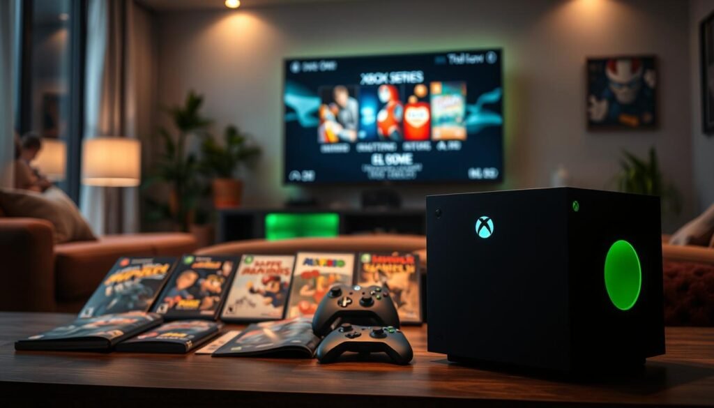 A visually striking image showcasing an Xbox Series X console prominently in the foreground, displaying its sleek design with glowing green accents, elegantly lit from above to enhance its modern aesthetic. In the middle ground, an array of classic gaming titles is artfully arranged around the console, some open with their discs visible, highlighting the backward compatibility feature. The background is a cozy living room setting, softly illuminated with ambient lighting to create a warm atmosphere, featuring a gaming setup with a large screen displaying a classic game title menu. The scene conveys nostalgia and excitement, emphasizing the connection between new technology and beloved classic games while evoking a sense of longing for backward compatibility.