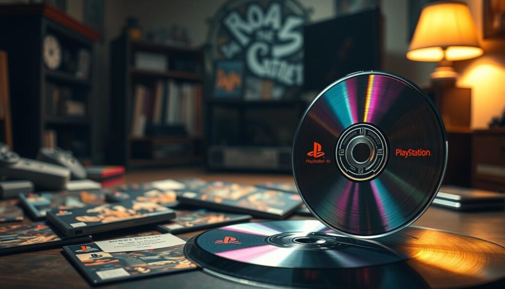 A visually striking representation of a PlayStation 1 CD audio track, elegantly displayed in the foreground with a reflective surface that captures light. The CD, detailed with intricate artwork and a vibrant color palette, spins gently to suggest motion. In the middle ground, scattered game case covers featuring iconic PlayStation titles create a nostalgic atmosphere, while unique notes and references appear as ethereal wisps, symbolizing the secrets held within the game. The background is softly blurred, showcasing a vintage gaming setup with a dimly lit room, enhancing the mood of discovery and intrigue. The lighting is warm and inviting with slight shadows, capturing the essence of a bygone gaming era.