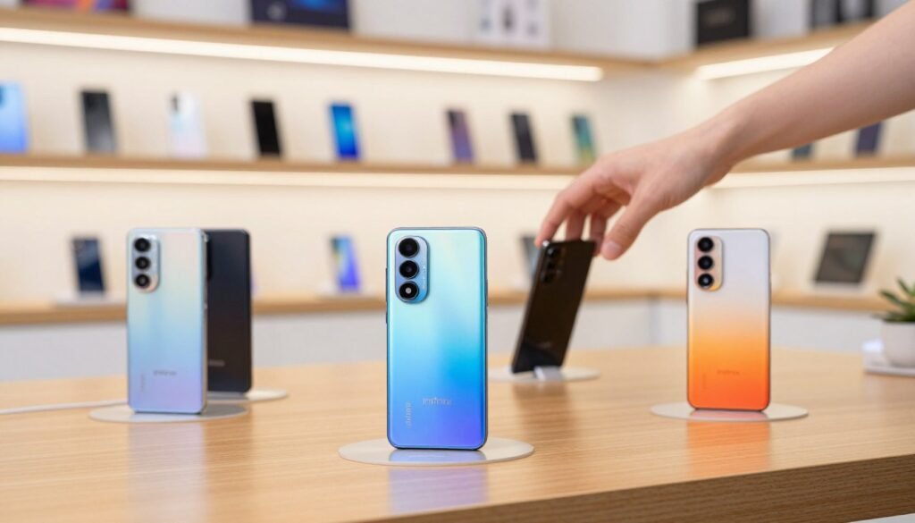 A dynamic arrangement showcasing various Infinix smartphone models, featuring a blend of sleek designs and vibrant colors. In the foreground, highlight three distinct Infinix smartphones positioned on a stylish wooden desk, emphasizing their unique features and designs. The middle layer includes a blurred hand reaching toward one model, suggesting selection. In the background, softly illuminated shelves display more Infinix smartphones, creating depth and context. Use natural lighting to enhance the colors and metallic finishes of the devices, with a shallow depth of field to draw focus. The atmosphere is modern and tech-savvy, evoking excitement about discovering the right smartphone.