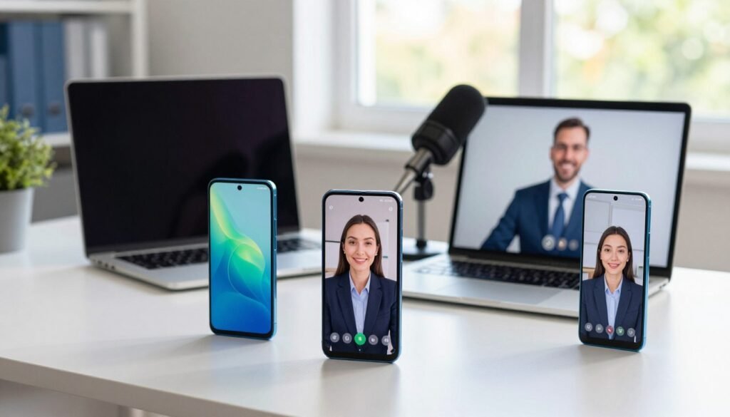 A modern office setup showcasing affordable smartphones ideal for online meetings. In the foreground, a well-designed desk featuring three mid-range smartphones displaying their webcam interfaces, with sleek designs and vibrant screens. In the middle, a professional laptop and a high-quality microphone, signaling a complete business setup. The background includes a large window with natural light streaming in, illuminating the entire scene and adding a warm atmosphere. The overall mood conveys professionalism and efficiency, with a clean, organized layout that emphasizes productivity. Subtle reflections in the screens enhance the technological feel, while the color palette features cool blues and greens to promote focus and tranquility. A modern office setup showcasing affordable smartphones ideal for online meetings. In the foreground, a well-designed desk featuring three mid-range smartphones displaying their webcam interfaces, with sleek designs and vibrant screens. In the middle, a professional laptop and a high-quality microphone, signaling a complete business setup. The background includes a large window with natural light streaming in, illuminating the entire scene and adding a warm atmosphere. The overall mood conveys professionalism and efficiency, with a clean, organized layout that emphasizes productivity. Subtle reflections in the screens enhance the technological feel, while the color palette features cool blues and greens to promote focus and tranquility.
