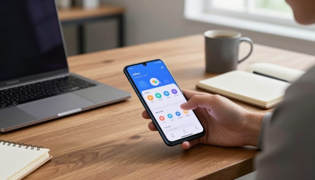 A modern workspace featuring a sleek, stylish Infinix smartphone on a polished wooden desk, surrounded by essential daily items like a laptop, a notebook, and a coffee mug. The smartphone's screen prominently displays multitasking apps, showcasing its user-friendly interface. In the background, a professional, ambient-lit office environment enhances the focus on the smartphone, with soft natural light pouring in through a window. A person in smart casual attire is seen using the phone, adding a human element to the composition. The atmosphere is productive and sophisticated, symbolizing efficiency for daily users. The shot is taken from a slight overhead angle to capture both the phone and the surrounding items in detail, highlighting functionality and style.