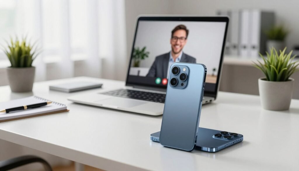 A sleek, modern office workspace set up for an online meeting. In the foreground, a high-quality smartphone sits on a neat desk, showcasing its camera and microphone features prominently. The middle ground features a neatly arranged laptop with a video conferencing app open, surrounded by professional business accessories like a notepad, pen, and a small potted plant. In the background, soft, natural light streams through a window with sheer curtains, creating an inviting atmosphere. The scene conveys professionalism and preparedness, emphasizing the importance of high-tech equipment for successful online meetings. The overall mood is organized and focused, highlighting the essential criteria for selecting the best smartphone for business and online meetings. A sleek, modern office workspace set up for an online meeting. In the foreground, a high-quality smartphone sits on a neat desk, showcasing its camera and microphone features prominently. The middle ground features a neatly arranged laptop with a video conferencing app open, surrounded by professional business accessories like a notepad, pen, and a small potted plant. In the background, soft, natural light streams through a window with sheer curtains, creating an inviting atmosphere. The scene conveys professionalism and preparedness, emphasizing the importance of high-tech equipment for successful online meetings. The overall mood is organized and focused, highlighting the essential criteria for selecting the best smartphone for business and online meetings.
